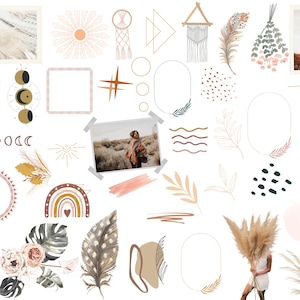 Boho Digital Planner ステッカー: 事前にトリミングされた Goodnotes PNG クリップアート (デジタル ダウンロード)