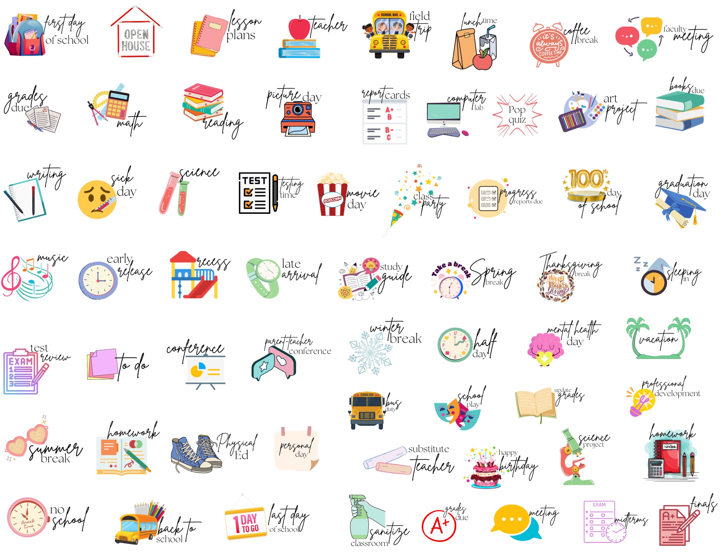 School Clipart. Cute Doodle Back to School Supplies, Objects and Icons.  Student Kids Art. Instant Download PNG. 