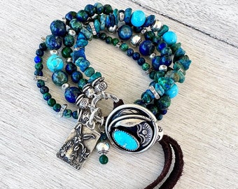 Boho Bracelet Chrysocolla, Turquoise Artisan Silver Button, Artisan Silver Charms