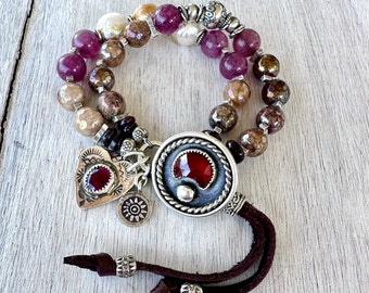 Bracelet, Mystic Agate, Barocco Pearls, Lepidolite, Garnet,  Artisan Silver Button, Heart Charms