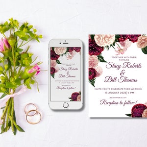Burgundy Floral Wedding Invitation Template: Customizable Printable & Electronic Invite (Digital Download)