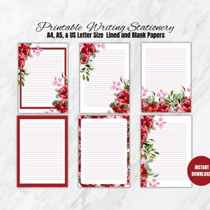 Ensemble d’écriture de lettres florales rouges imprimables - Lettre américaine, A4 et A5 doublées et papeterie d’écriture vierge| Téléchargement instantané, notes et papier journal