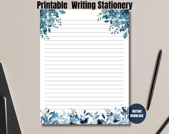 Printable Blue Floral Letter Writing  Papers, Lined and Blank Writing Stationery| Instant Download, Notes and Journal Paper