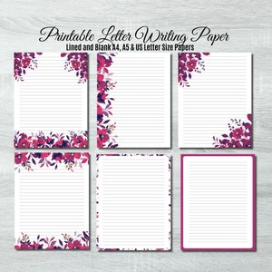 Rotes Blumen Schreibpapier, bedruckbares Briefpapier, A4 & A5 Briefpapier, Sofort Download, Notizen und Journalpapier
