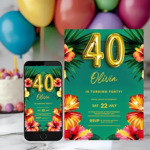 Tropical 40th Birthday Invitation: Summer Beach Party (Printable & Digital Canva Template)