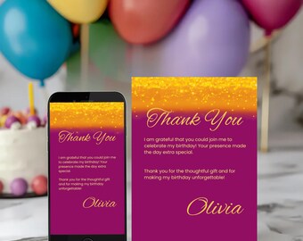 Editable Pink and Gold Birthday Thank You Card, INSTANT DOWNLOAD, Canva