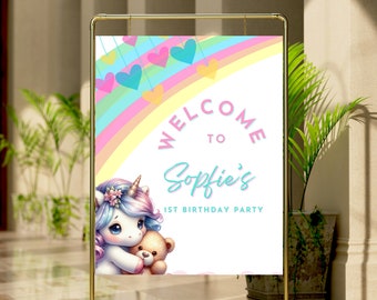 Sjabloon Welkomstbord verjaardag eenhoorn: DIY-feestdecor (digitale download)