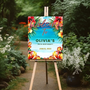 Tropical Birthday Welcome Sign, Party Decoration, Hawaiian Party Sign, Printable Palm Leaves Design, Beach Party Sign, Instant Download
