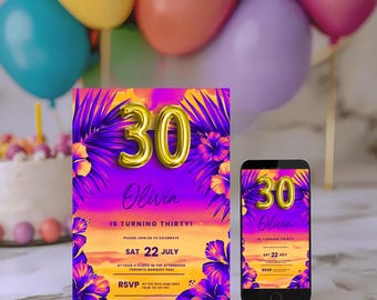 Puede incluir: Una invitación de cumpleaños con un diseño vibrante, con el número "30" en papel de oro. La invitación incluye el nombre "Olivia", la fecha "22 de julio" y los detalles del evento. Un smartphone muestra la misma invitación. Globos coloridos en el fondo.