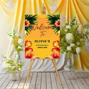 Tropical Birthday Welcome Sign, Party Decoration, Hawaiian Party Sign, Printable Palm Leaves Design, Beach Party Sign, Instant Download