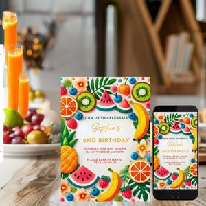 Fruity 2nd Birthday Invitation: Tropical Summer Party (Digital Download)