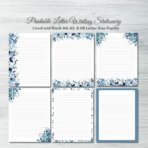 Set d'écriture de lettres floral bleu imprimable Lettre US, A4 et A5 ligné et vierge Téléchargement instantané, notes et papier journal image 1