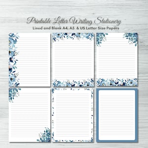 Set da scrittura stampabile con lettere floreali blu - Lettera USA, A4 e A5 a righe e vuoto, cancelleria per scrivere/download istantaneo, note e carta di giornale