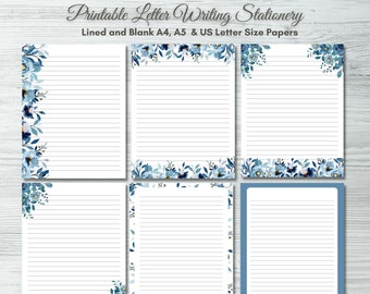 Printable Blue Floral Letter Writing Set- US Letter, A4 & A5 lined and blank Writing Stationery| Instant Download, Notes and Journal Paper