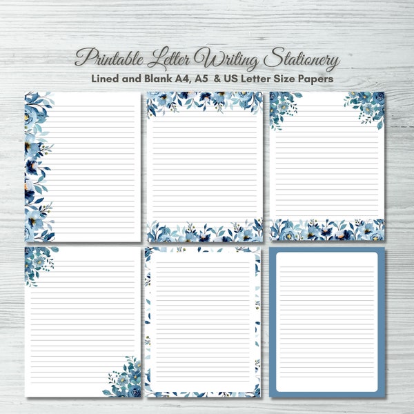 Printable Blue Floral Letter Writing Set- US Letter, A4 & A5 lined and blank Writing Stationery| Instant Download, Notes and Journal Paper