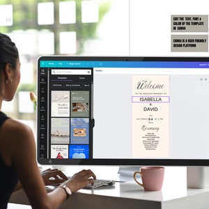 May include: A person using a computer to design a wedding invitation in Canva. The invitation template features the word "Welcome" and the names "Isabella & David." The screen also displays the text "Edit the text, font & color of the template in Canva."