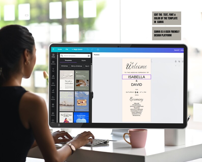 May include: A person using a computer to design a wedding invitation in Canva. The invitation template features the word "Welcome" and the names "Isabella & David." The screen also displays the text "Edit the text, font & color of the template in Canva."