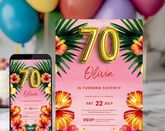 70th Birthday Invitation: Pink Tropical Hibiscus Garden Party (Printable, Digital)