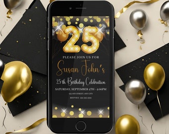 Plantilla de invitación editable para el 25.º cumpleaños: digital o imprimible (descarga instantánea)