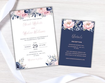 Blue & Pink Floral Wedding Invitation Set (Digital Download)