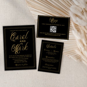 Suite de faire-part de mariage avec bordure dorée : noir classique (téléchargement numérique)