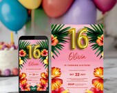 16th Birthday Invitation INSTANT DOWNLOAD, Sixteenth Birthday Invite, Printable Pink Tropical Invite, Hibiscus Flower Garden Party Invite