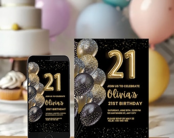 Black and Gold 21st Birthday Invitation, Elegant Party Invite (Digital Download)