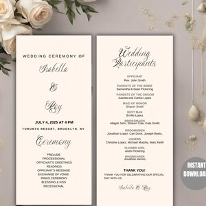 May include: A wedding ceremony program with the names Isabella and Roy, and the date July 4, 2025. The program lists the ceremony details, including the officiant, wedding party, and order of events. The design is elegant with a cream background and black text.