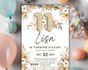 May include: A white invitation with floral borders and gold foil accents. The invitation reads "Lisa is turning eleven!" and includes details for a birthday party on July 22nd at The Kids Fun World in Toronto. RSVP by June 18th, 2024.