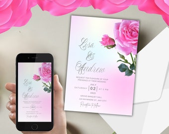 Pink Rose Wedding Invitation Template: Editable Floral Evite (Instant Download)