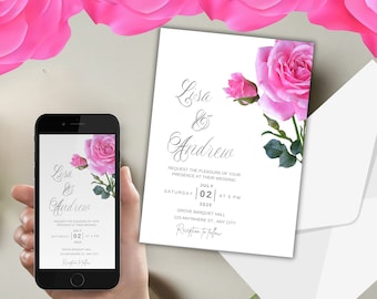 Pink Rose Wedding Invitation Template: Editable Floral Evite (Instant Download)