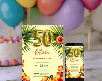 Tropical 50th Birthday Invitation: Printable Hawaiian Party (Digital Download)