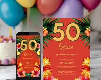 Op de afbeelding: Een verjaardagsuitnodiging en een smartphonescherm met hetzelfde ontwerp. Het ontwerp toont het gouden getal "50", de naam "Olivia" en bloemen- en bladaccenten op een rode achtergrond. De uitnodiging bevat de datum "SAT 22 JULY".