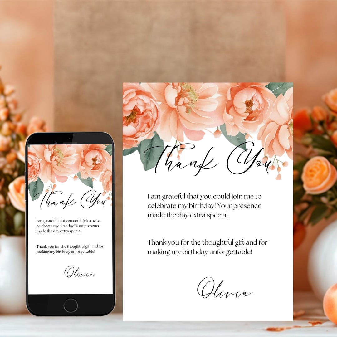 Peach Floral Birthday Thank You Card, Printable Wedding Thank You Card ...