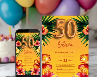 Op de afbeelding: Een verjaardagsuitnodiging en een smartphonescherm tonen hetzelfde ontwerp. Het ontwerp toont het gouden getal "50", de naam "Olivia" en tropische bloemen op een gele achtergrond. De uitnodiging bevat de datum "SAT 22 JULY".