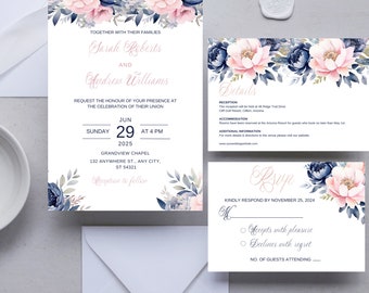 May include: Wedding invitation suite featuring floral watercolor designs in navy blue and blush pink. The invitation includes details for the ceremony and reception, with an RSVP card and envelope. The text includes the names Sarah Roberts and Andrew Williams.