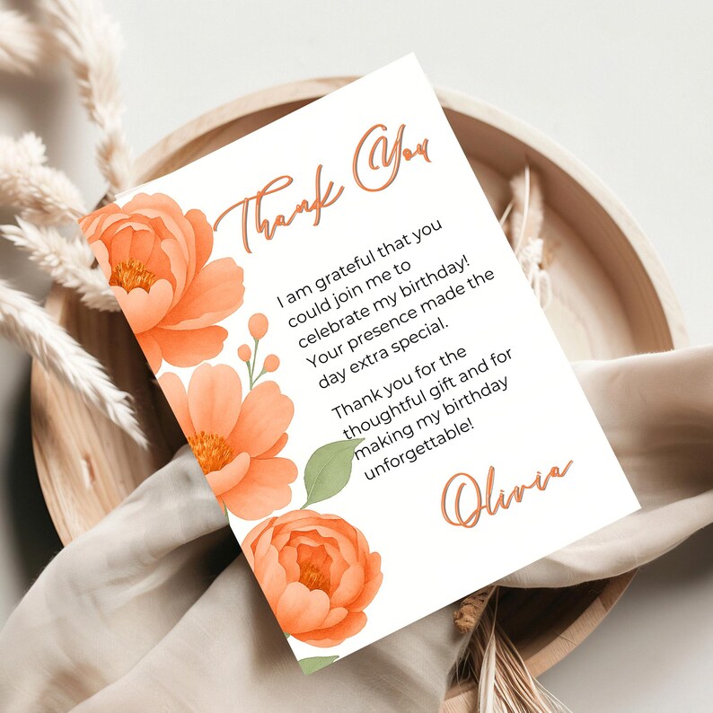 Editable Peach Floral Birthday Thank You Card Template, Printable and ...