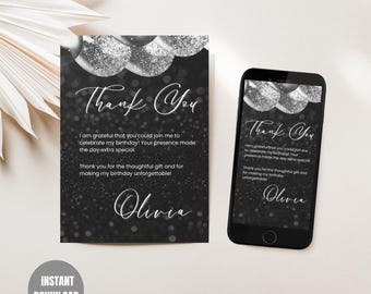 May include: Black and white birthday thank you card with silver glitter balloon design and the words "Thank You" in elegant script. The card includes a message and the name "Olivia". A smartphone displays the same design.