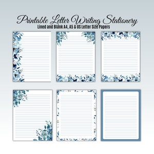 Conjunto de escritura de cartas florales forrados en azul imprimible: papelería de escritura forrada y en blanco / descarga instantánea, notas y papel de diario