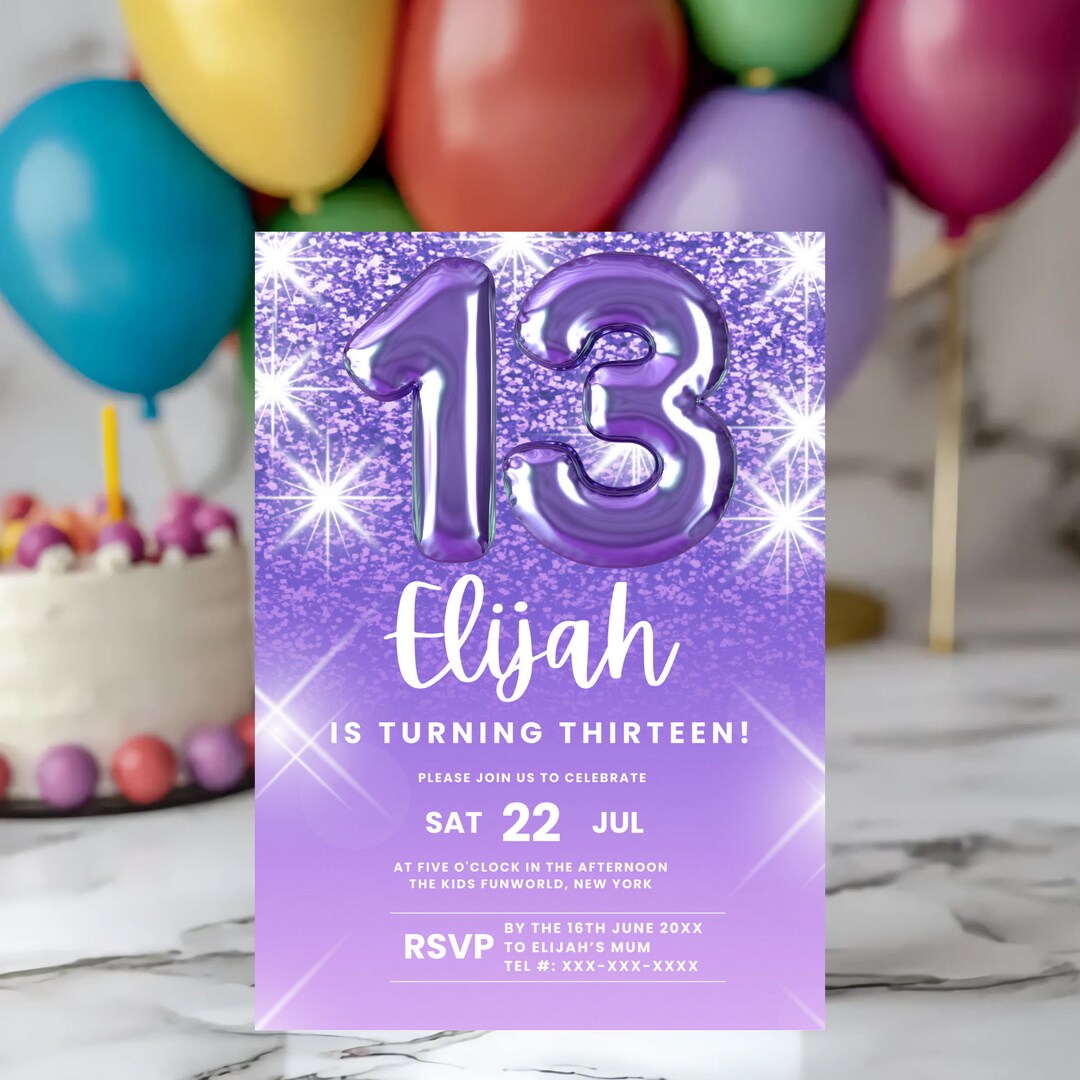Editable 13th Birthday Invitation, Thirteenth Birthday Invite ...
