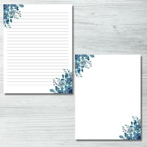 Set d'écriture de lettres floral bleu imprimable Lettre US, A4 et A5 ligné et vierge Téléchargement instantané, notes et papier journal image 4
