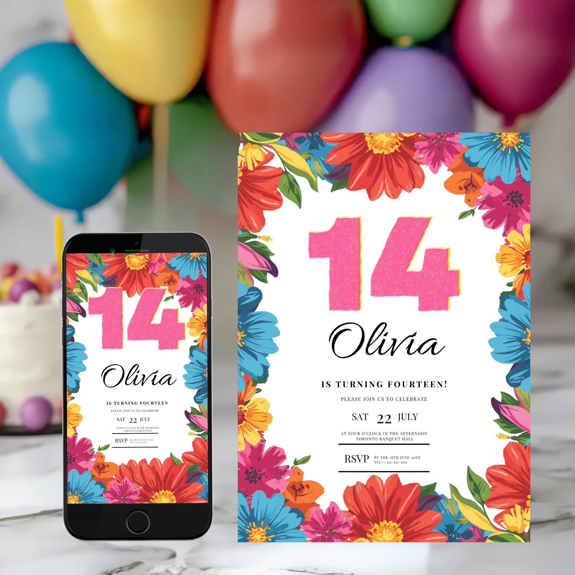 Colorful Floral 14th Birthday Invitation Template, Editable Garden ...