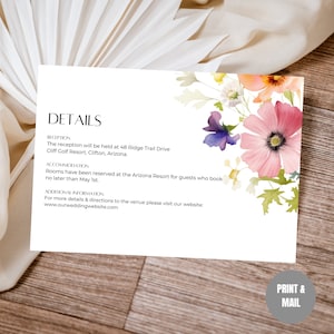 Bearbeitbare Wildblumen-Hochzeits-Detailkartenvorlage Sofortiger Download, druckbare Blumenhochzeitsfeier und Anpassungsdetails-Karte