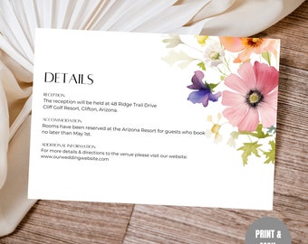 May include: Wedding reception details card with a floral design. The reception will be held at 48 Ridge Trail Drive, Cliff Golf Resort, Clifton, Arizona. Rooms have been reserved at the Arizona Resort for guests who book no later than May 1st. For more details and directions to the venue, please visit www.ourweddingwebsite.com.