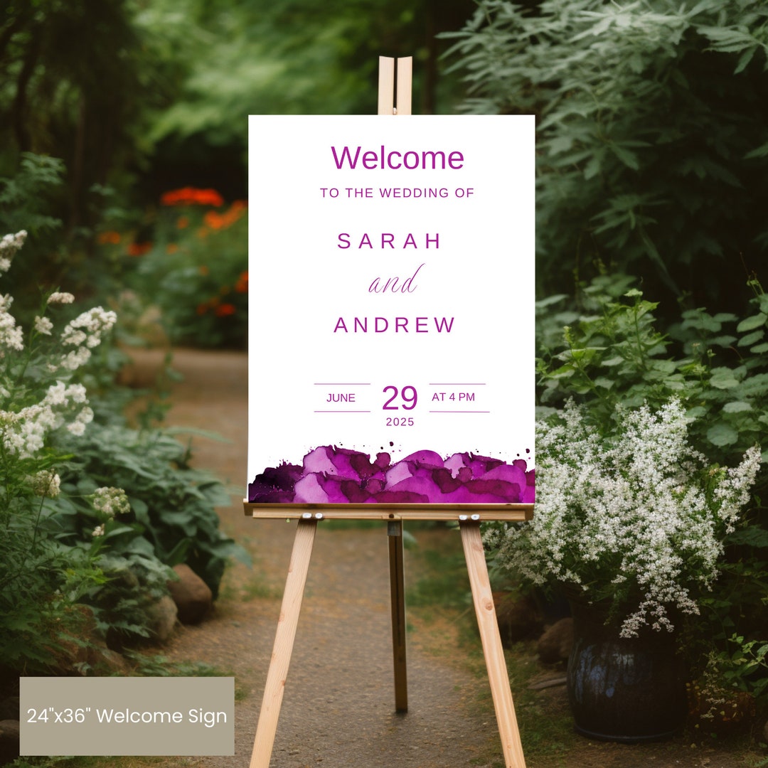 Purple Watercolor Wedding Welcome Sign: Editable Template (digital ...