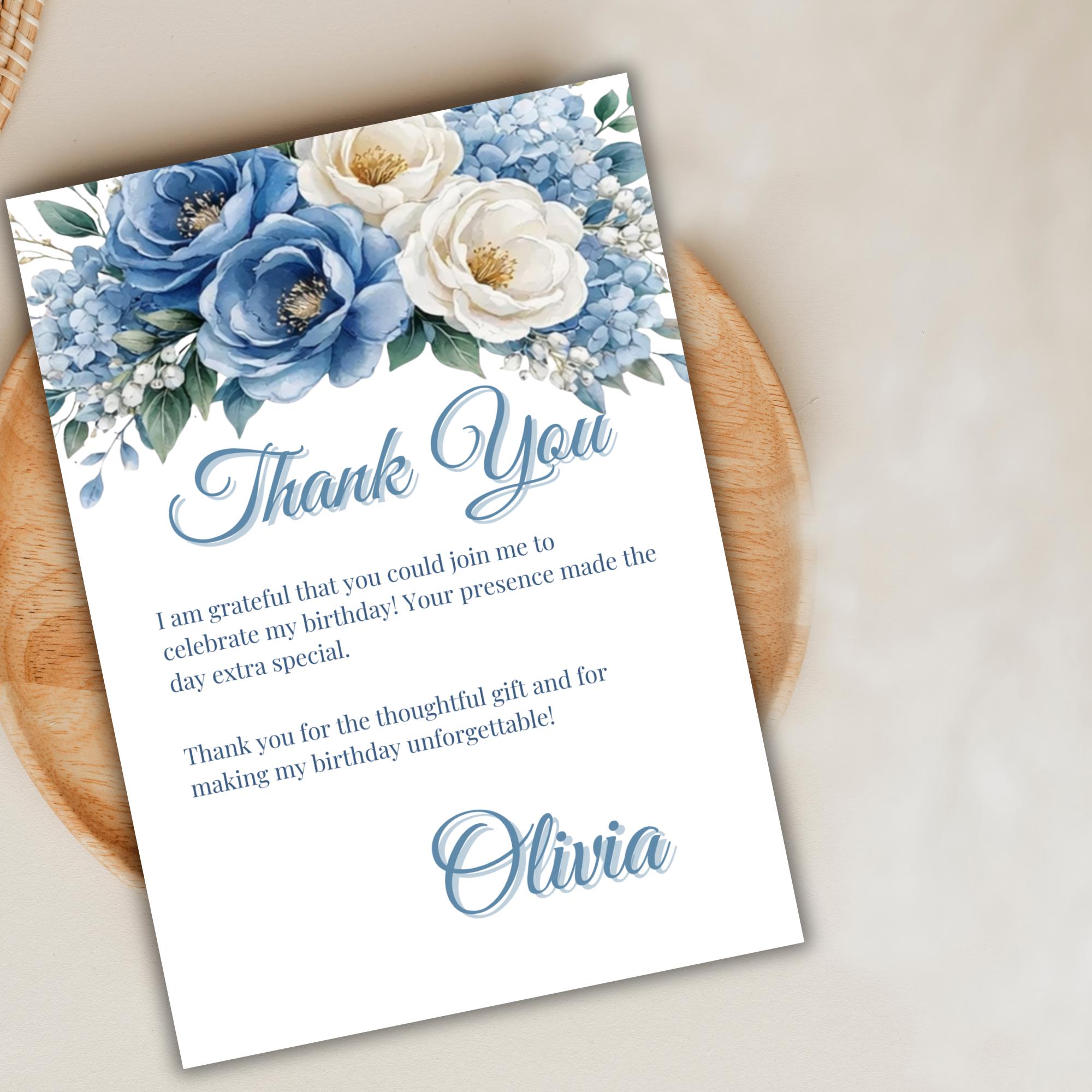 Editable Blue Floral Thank You Card Template: Birthday, Wedding ...