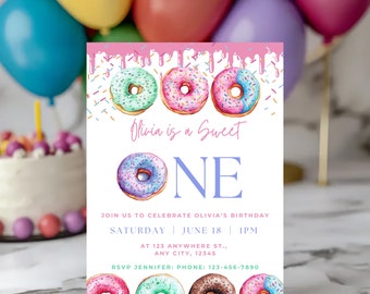 Editable Donut 1st Birthday Invitation: Sweet One Party (Digital Download)