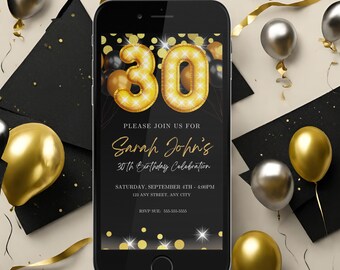 Electronic 30th Birthday Invitation: Black and Gold Evite (Digital Download)
