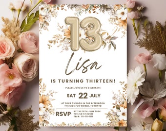 May include: A white invitation card with a floral border and a gold balloon number 13. The text on the card reads "Lisa is turning thirteen! Please join us to celebrate Sat 22 July at four o'clock in the afternoon The Kids Fun World, Toronto By the 18th June 2024 RSVP to Lisa's Mum Tel: 111-111-1111"