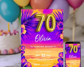 May include: A tropical-themed birthday invitation for a 70th birthday party. The invitation features a purple and orange sunset background with palm leaves and hibiscus flowers. The number 70 is in gold balloon letters and the name Olivia is written in white cursive. The text on the invitation reads "Olivia is turning seventy! Please join us to celebrate Sat 22 July at four o'clock in the afternoon Toronto Banquet Hall RSVP by the 18th June 20XX Tel: 100-100-100".